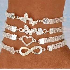 A004 Elegant Silver Butterfly and Heart Ankle Bracelet Set Of 4